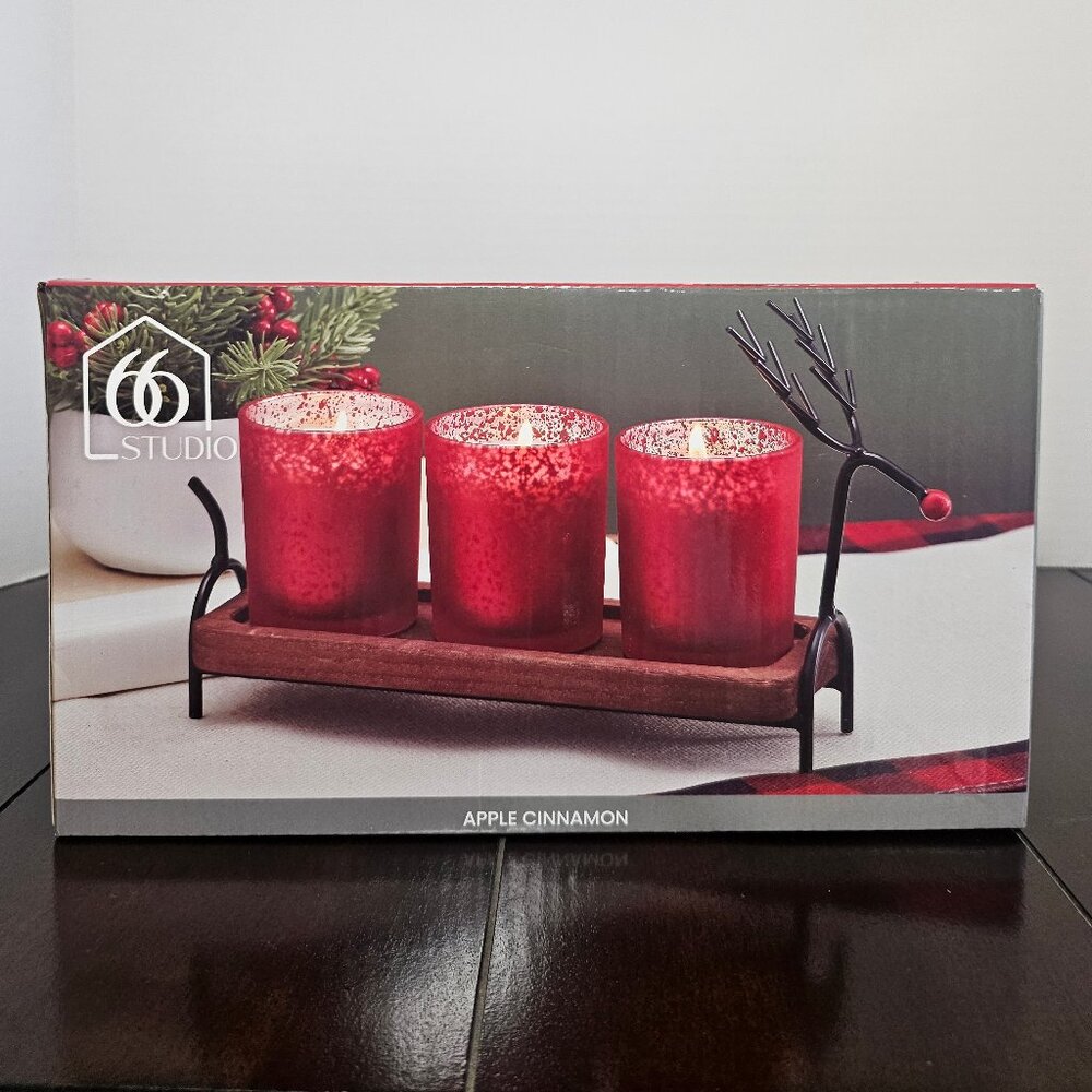 New In Box Studio 66 Ruby Triple Votive Candle Tray With Decorative Holder